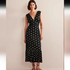 BODEN WOMEN'S 16 ( UK 20) SMOCKED JERSEY MAXI DRESS BLACK TRANQUIL LEAF (gold)